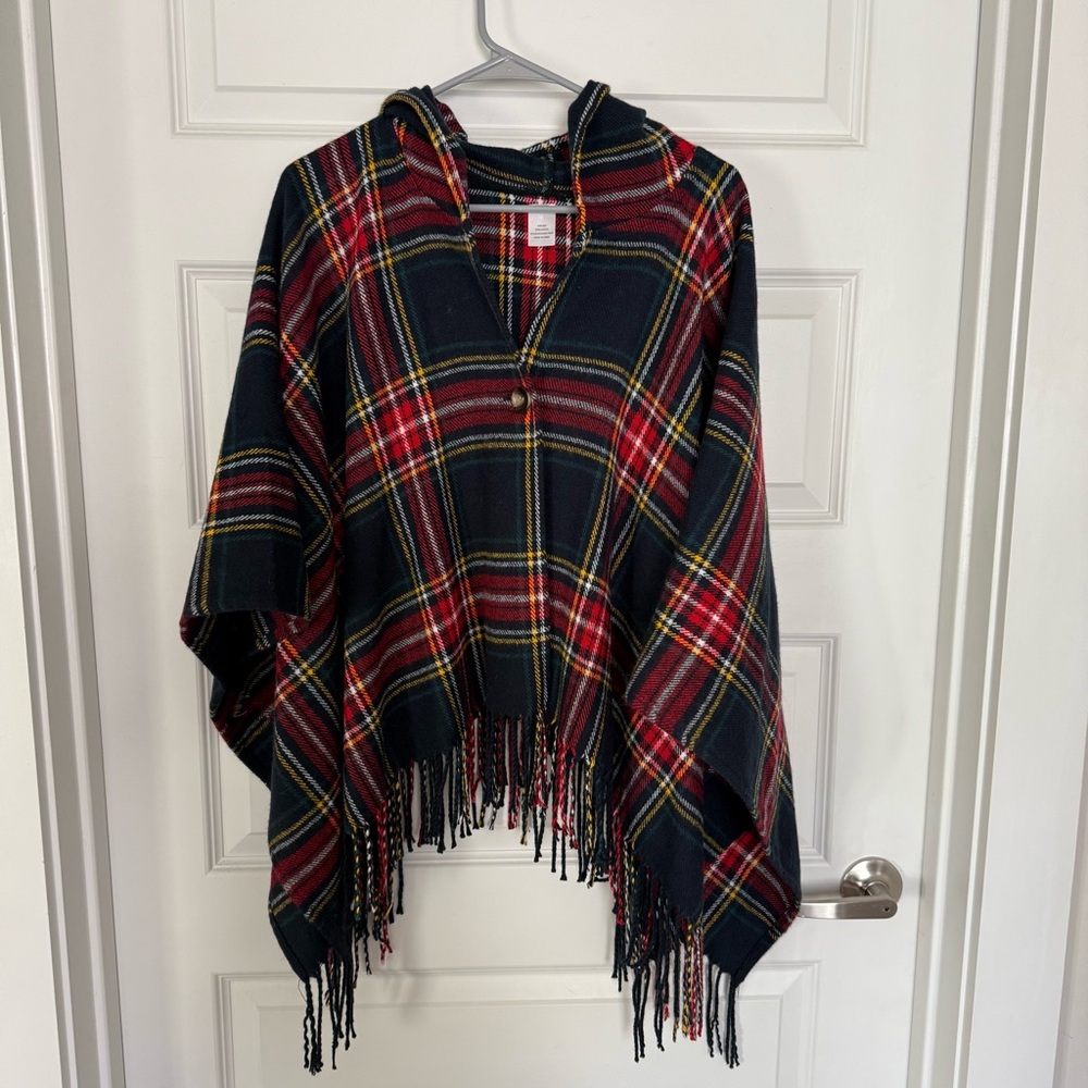 blue and navy red poncho with fringe